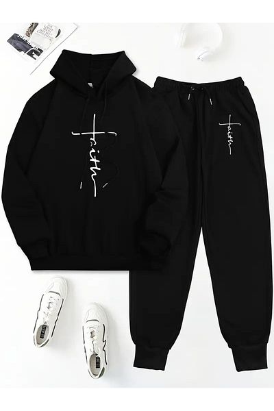 WOODROFFE Σετ αθλητική φόρμα με κουκούλα Faith Printed Oversize Unisex Μαύρη