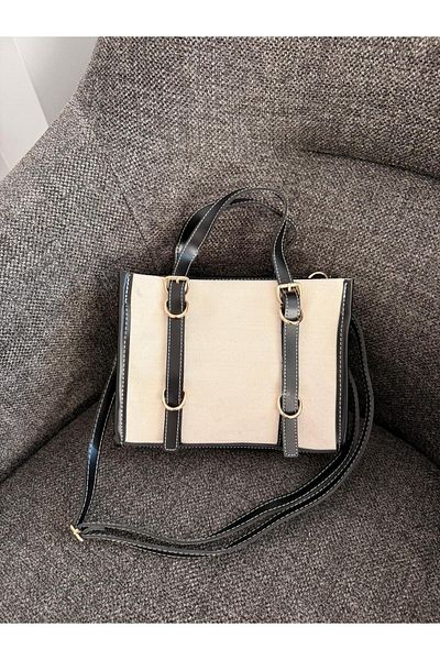 melecco Women's Black Leather Detailed Linen Hand and Shoulder Bag