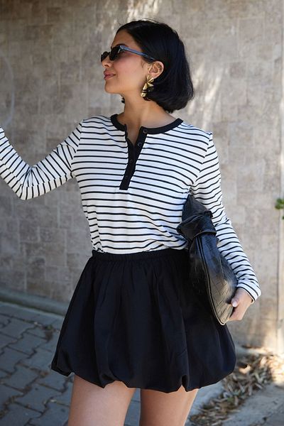 InStyle Striped Waffle White Blouse