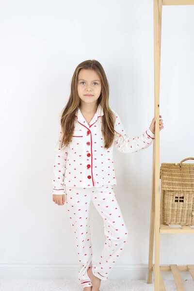 Mai Perla Girls' Pajamas Set Cotton Heart Pattern Long Sleeves and Breathable Comfortable Model 5-13 Years