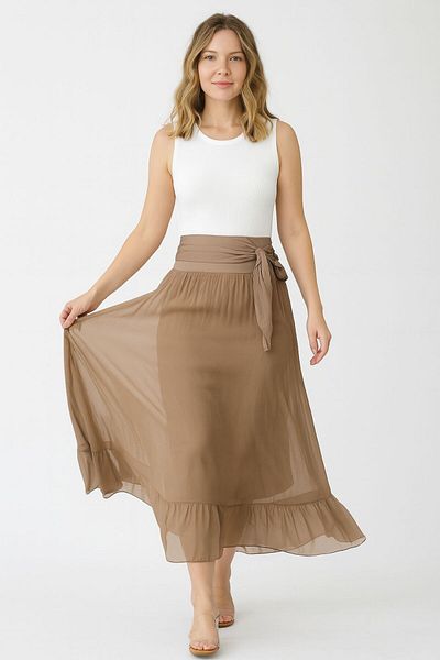 AGORATEKSTİL Women's Original Italian Elastic Waist Lined Silk Woven Skirt