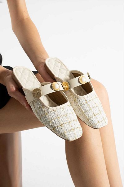 Samira Women's Slippers Beige Straw Buckle Detailed