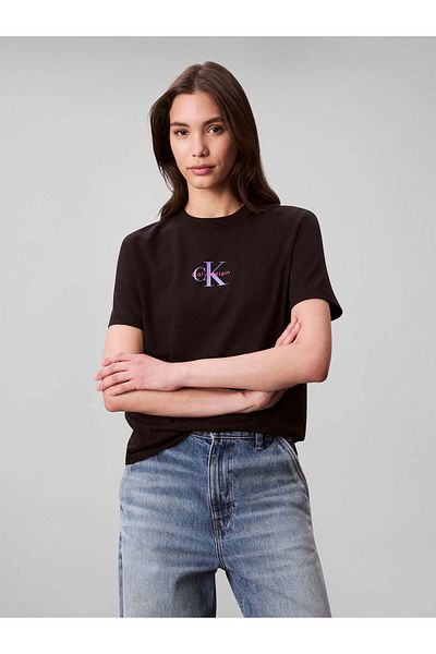 Calvin Klein Tricou negru cu mânecă scurtă din bumbac imprimat cu logo CK pentru femei LV047C856G-UB1