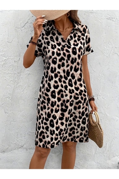 Mulvix Women's Short Sleeve Collar Leopard Print Single Jersey Dress