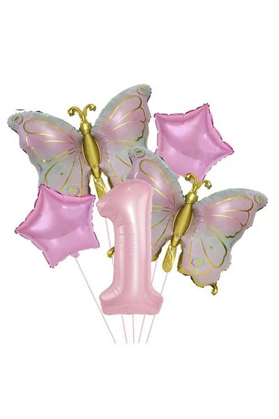 parti sürprizi Gold Butterfly Pink 1 Year Old Number Balloon Set