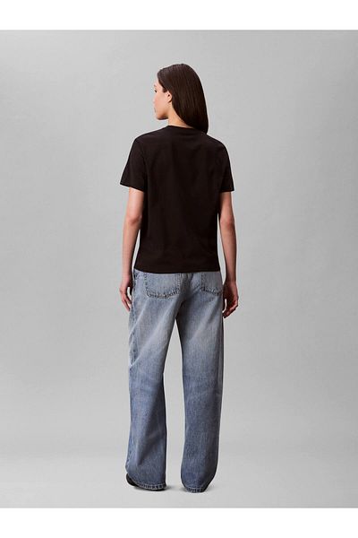 Calvin Klein Tricou negru cu mânecă scurtă din bumbac imprimat cu logo CK pentru femei LV047C856G-UB1
