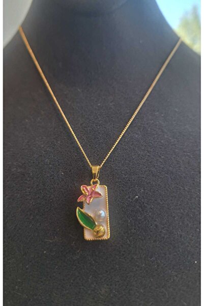 OLEN Elegant Gold Necklace with Enamel Pearl Detail – Pink Flower and Leaf De...