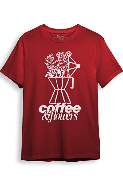 The Baski Tricou premium din bumbac 100% imprimat cu cafea și flori
