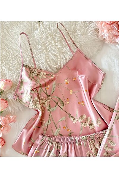 Leylii Degaje Yaka Saten Pijama Takımı 3 lü takım