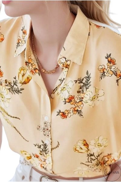 Cassime Cămașă bej fără mâneci cu modele florale de damă