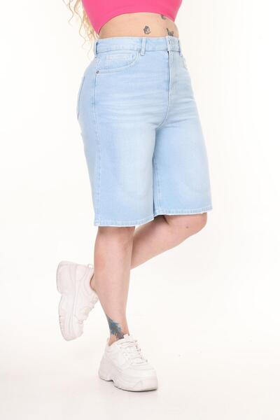 Zeo Basic KADIN BÜYÜK BEDEN LİKRALI UZUN BERMUDA KOT ŞORT MİDİ BOY BUZ MAVİ