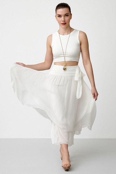 AGORATEKSTİL Women's Original Italian Elastic Waist Lined Silk Woven Skirt