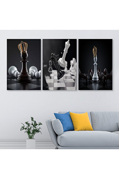 Marktna ثلاث لوحات قماشية مودرن بتصميم لعبة شطرنج مع برواز بني مجوف