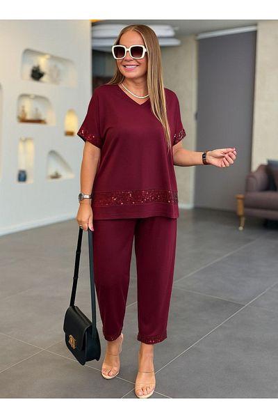 Kokosh moda Women's Short-Sleeved V-Neck Sequined Viscose Two-Thread Blouse and Pants Two-Piece Set