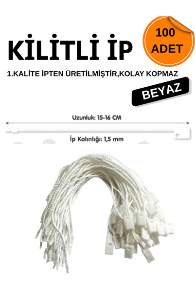 dm dikişmarket Kilitli Ip Renkli Asmalı Etiket Bağlama Ipi Lock String Tag Rope 100 Adet Beyaz