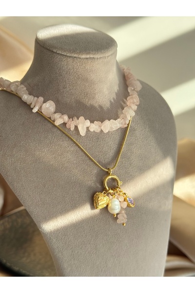 Nour Co Pink Quartz Pearl Charm Steel Necklace