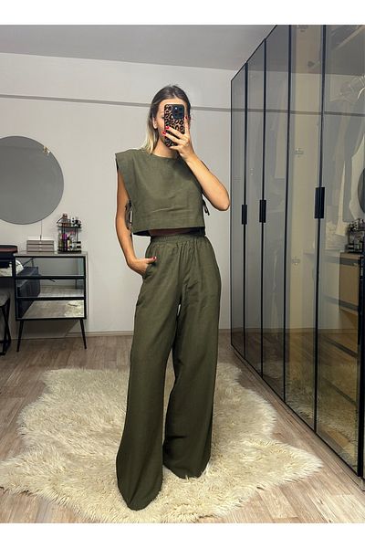 NET OF NOT Hope Khaki Bamboo Linen Blouse Pants Set