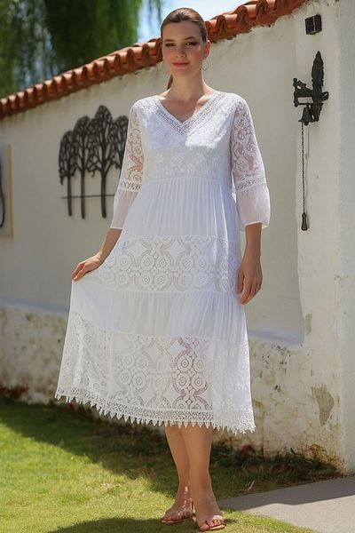 AGORATEKSTİL Women's Original Italian Collar Sequin Fakir Sleeve Lace Cotton Dress