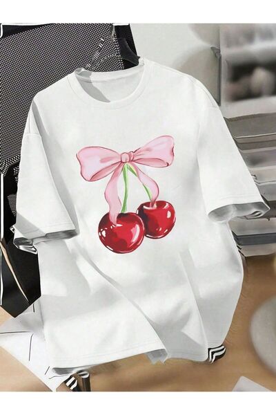 Pulli Collection Pink Cherry Printed Oversize T-Shirt 95% Cotton 5% Lycra