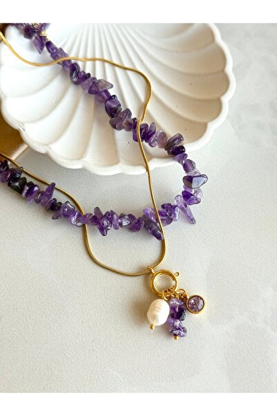 Nour Co Ametist İnci Charm Çelik Kolye Set