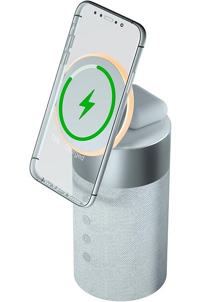 Force شاحن لاسلكي مزدوج (15 وات + 5 وات) متوافق مع MagSafe + مكبر صوت بلوتوث فضي