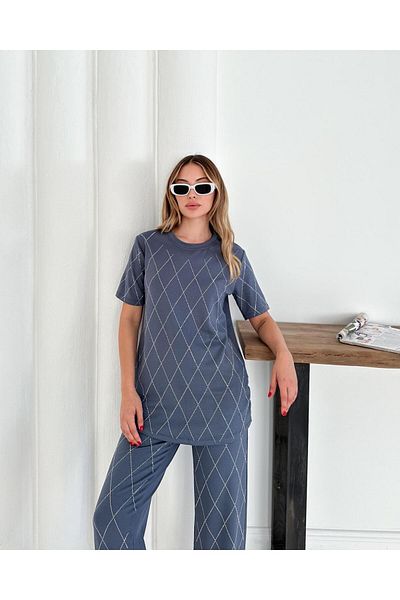 cottonage Women's Casual Diamond Blouse Elastic Waist Pants Modal Set