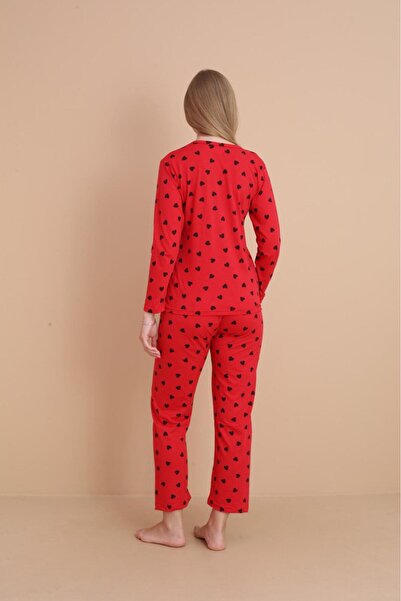 STELLAPİNK Kadın Kırmızı Kalpl Desenli Uzun Kollu Pijama Takım