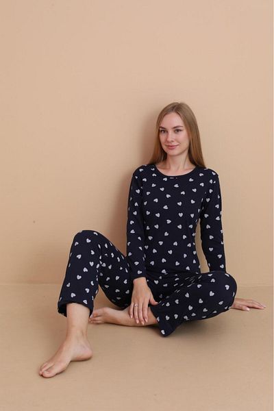 STELLAPİNK Women's Navy Blue Heart Patterned Long Sleeve Pajama Set