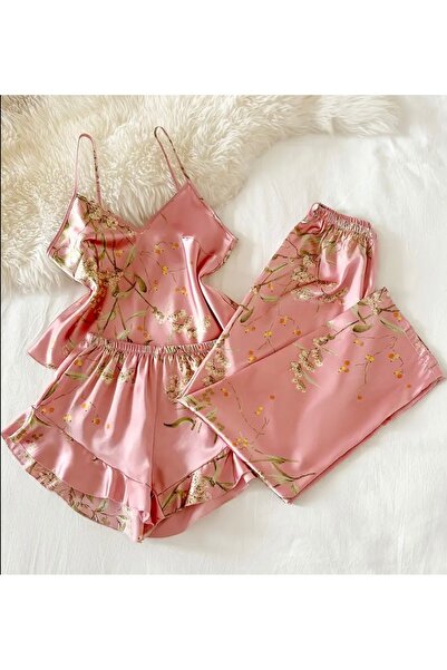 Leylii Degaje Yaka Saten Pijama Takımı 3 lü takım