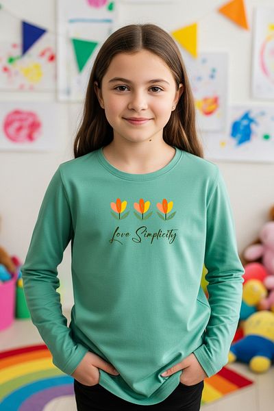 FYK KİDS Round Neck Flower Printed Detail Girl's Sweatshirt