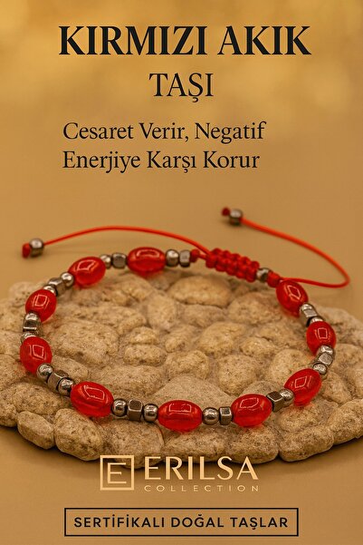 Erilsa Sertifikalı Kırmızı Akik Taşı Bileklik Cesaret Verir ve Negatif Enerjiye Karşı Kalkan Oluşturur