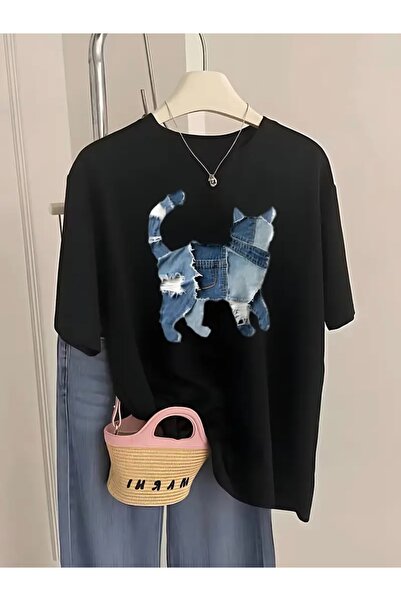 FUFLUNS تي شيرت برقبة دائرية كبيرة الحجم مطبوع عليه قطة من الدنيم