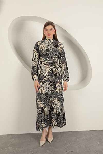 Mylida Viscose Fabric Leaf Patterned Dress-Black