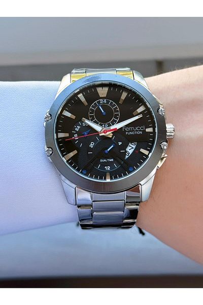 Ferrucci Men's Wristwatch |   Active Function |   Metal Cord Black Dial Dual Time with Calendar