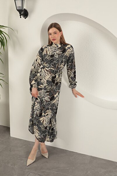 Mylida Viscose Fabric Leaf Patterned Dress-Black