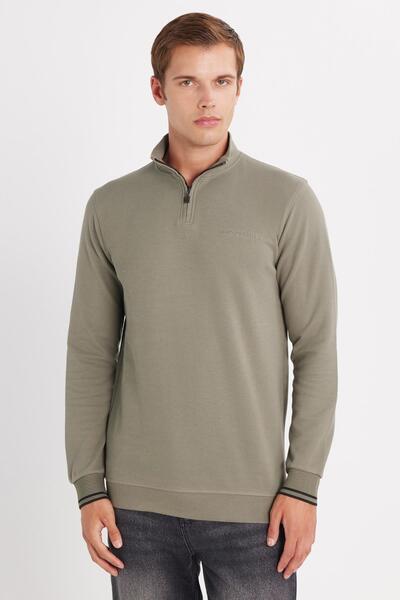 Tudors Ανδρικό φούτερ με λεπτή εφαρμογή, λεπτή εφαρμογή, βαμβακερό, με μισό φερμουάρ, όρθιο γιακά, χακί