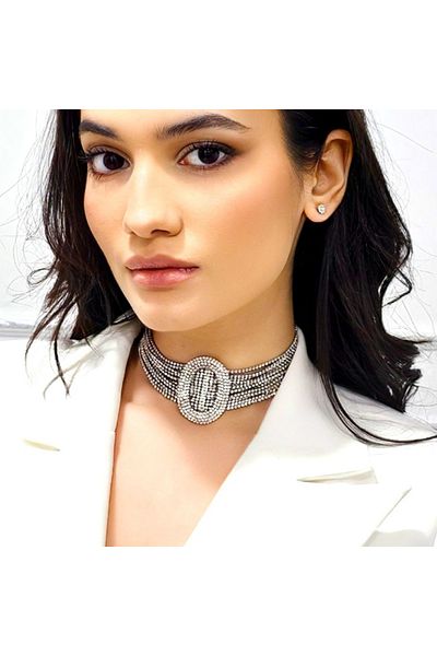 FashionForYou Set de accesorii 2NA Ocazie, colier choker lat cu pietre lucrate manual și cercei, argintiu