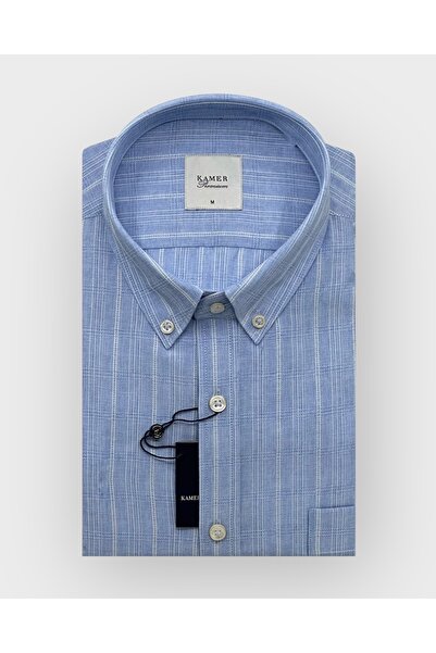 KAMER REGULAR FIT UZUN KOL PAMUKLU DÜĞMELİ YAKA TEK CEPLİ EKOSE MAVİ GÖMLEK 3730M