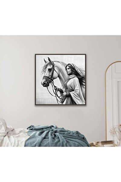 4gdran Girl and Horse Canvas Painting with Hollow Brown Frame