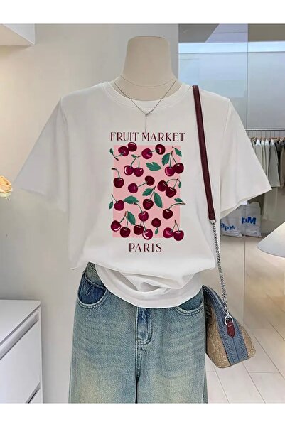 FUFLUNS تي شيرت برقبة دائرية كبيرة الحجم مطبوع عليه فواكه سوق الكرز
