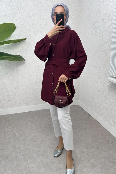 Salih Çelebi Tunic with Integrated Belt 2217 - Claret Red