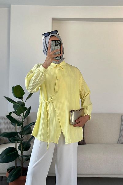 HİFADEN Women's Cross Tie Long Sleeve Buttoned Hijab Shirt