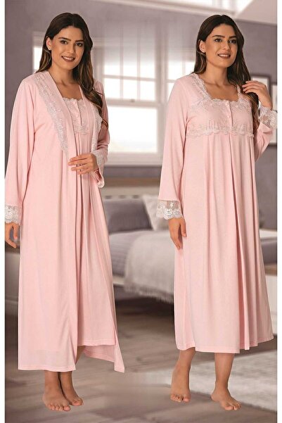 ByLohusa Pink Robe Cotton Maternity Nursing Nightgown Set