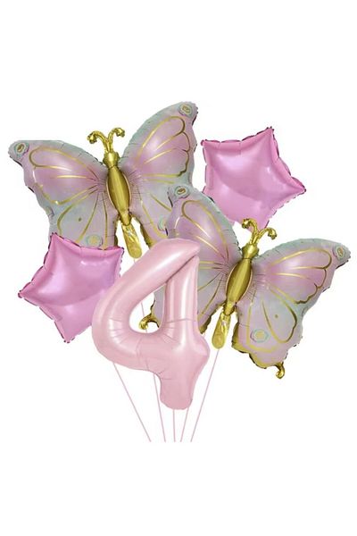 parti sürprizi Gold Butterfly Pink 4 Year Old Number Balloon Set