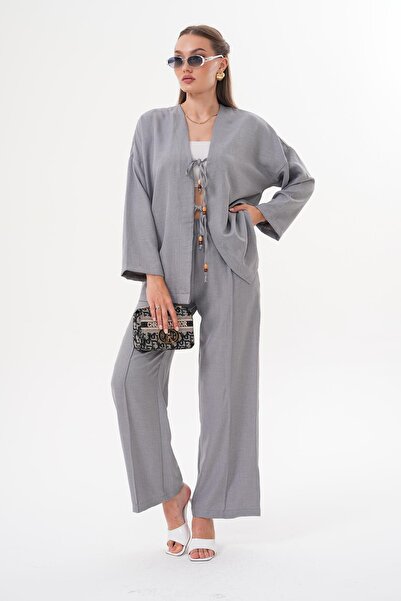 ŞİMAL Kadın Önü Bağcık Detaylı Sofia Keten Takım 250621 -
