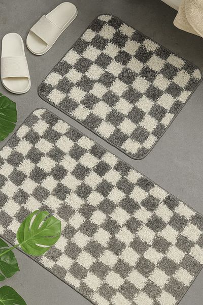 EUROBANO Small Size Checkered Pattern Bath Mat Non-Slip Base 80X50 40X50 Washable