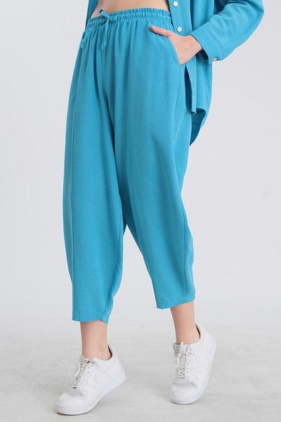 Stil Sepeti Women's Blue Front Stitched Elastic Waist Linen Shalwar Trousers Pry-100050460