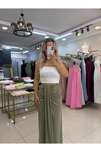 LİSAA BUTİK Women's Waist Gathered Slit Long Skirt