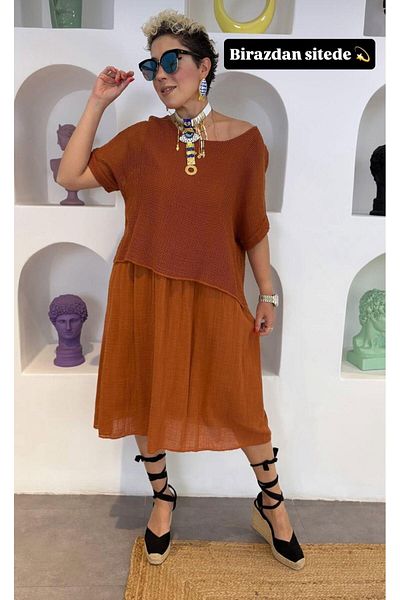 AGORATEKSTİL Women's Italian Mesh Linen Dress