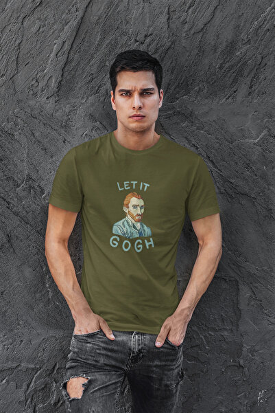 Butik تي شيرت مطبوع من Let It Gogh / تي شيرت رجالي باللون الأخضر الكاكي / قطن...